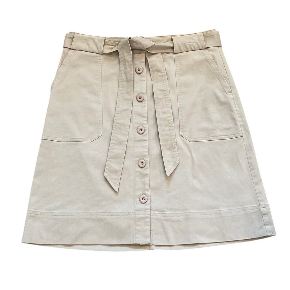 Lands' End Tan Chino Button Front Casual Skirt Tie Belt, Preppy, Coastal, 10
